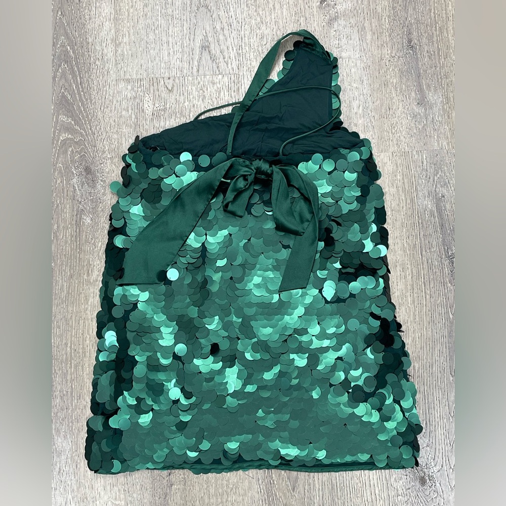 Maeve Anthropologie One Shoulder Green Sequin Mini Dress - Picture 4 of 6